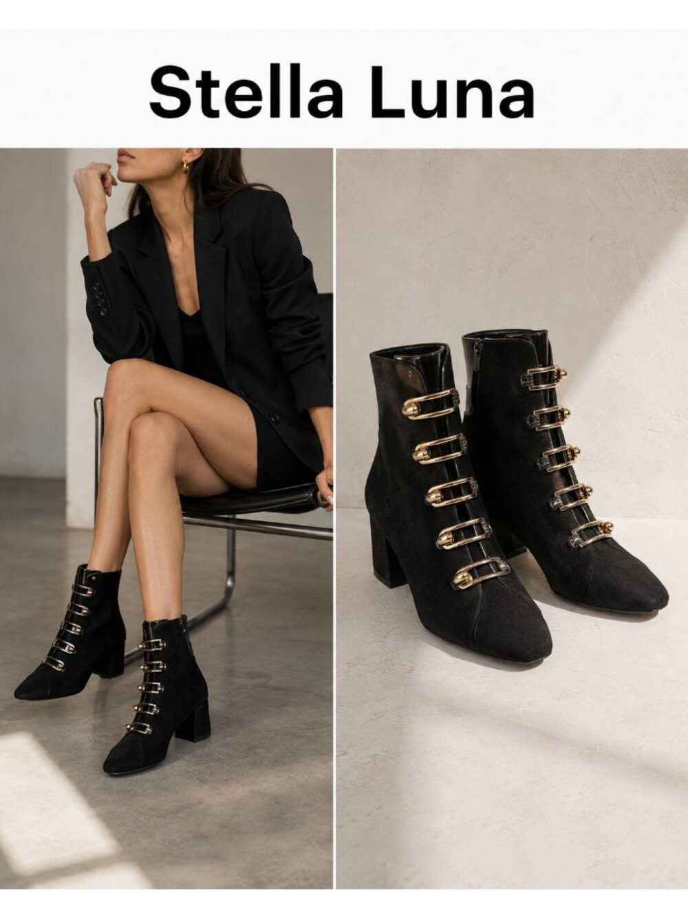 Stella Luna Black Suede Gold Hardware Ankle Boots EU 37 Designer Booties